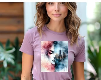 Camiseta con el horizonte de Chicago y la cara dividida: camiseta urbana audaz, top minimalista de estilo urbano, camiseta con gráficos surrealistas, arte mitad ciudad, mitad mujer.