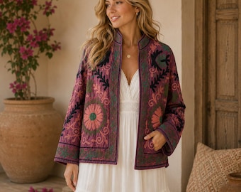 Handmade Suzani Kantha Embroidered Purple Cotton Jacket | Boho Floral Coat | Ships from USA