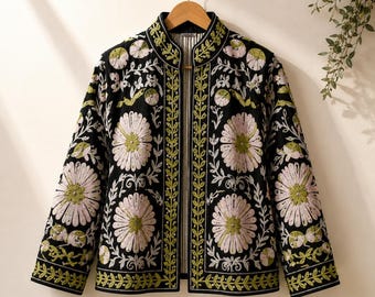 Handmade Suzani Kantha Embroidered Cotton Jacket | Boho Floral Coat | Ships from USA