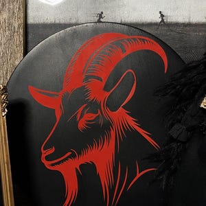 Red Goat Wall Plaque – Gothic Witchy Decor – Occult Wooden Wall Art – Dark Aesthetic Home Decoration – Gothic Wall Decoration