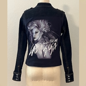 Upcycled Black Denim Jacket with Lady Gaga