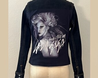 Upcycled Black Denim Jacket with Lady Gaga