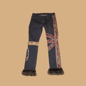 Upcycled Embellished jeans with Union Jack and Fur