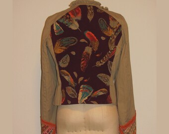 Upcycled feather print khaki short jacket
