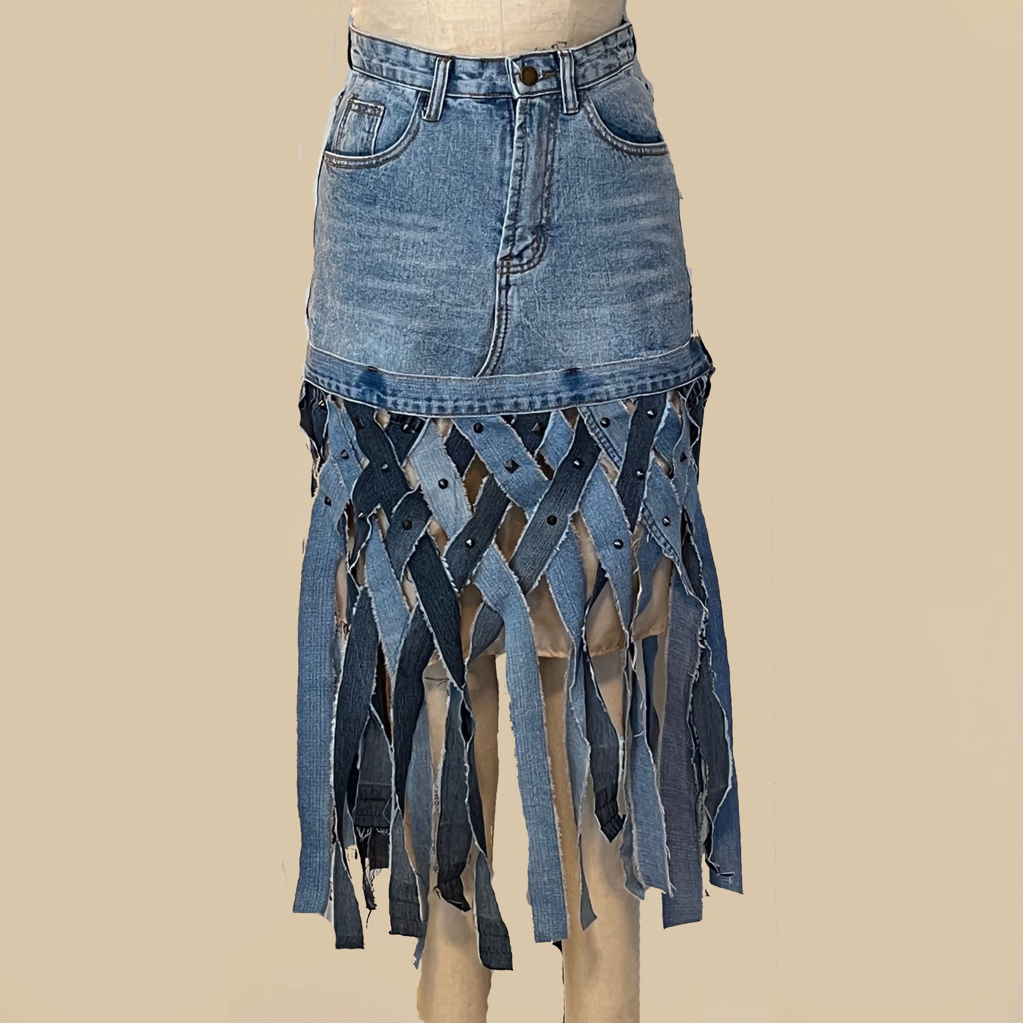 Upcycled Fringed Denim Skirt - Etsy