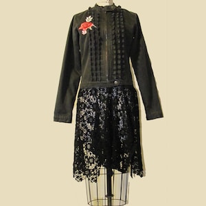Upcycled Black Denim Jacket with Lace Peplum