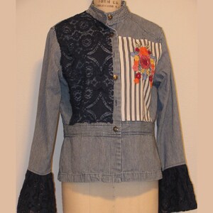Upcycled Hip Length Striped Denim Jacket