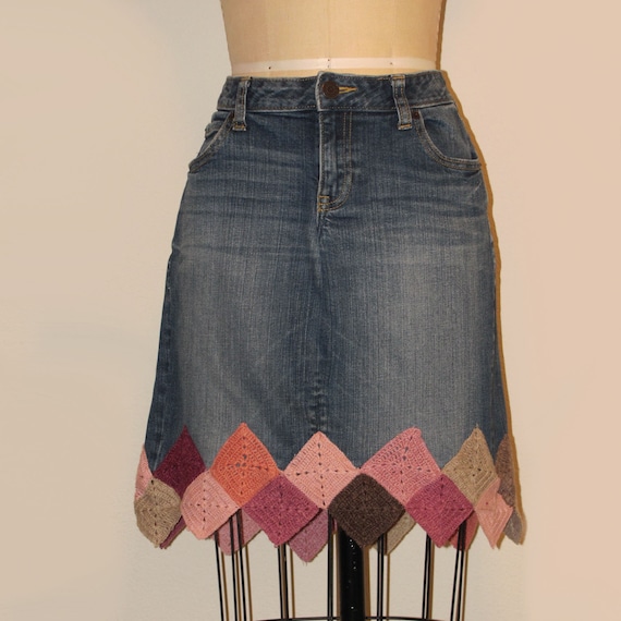 Upcycled Denim Mini Skirt With Crochet Square Trim Etsy