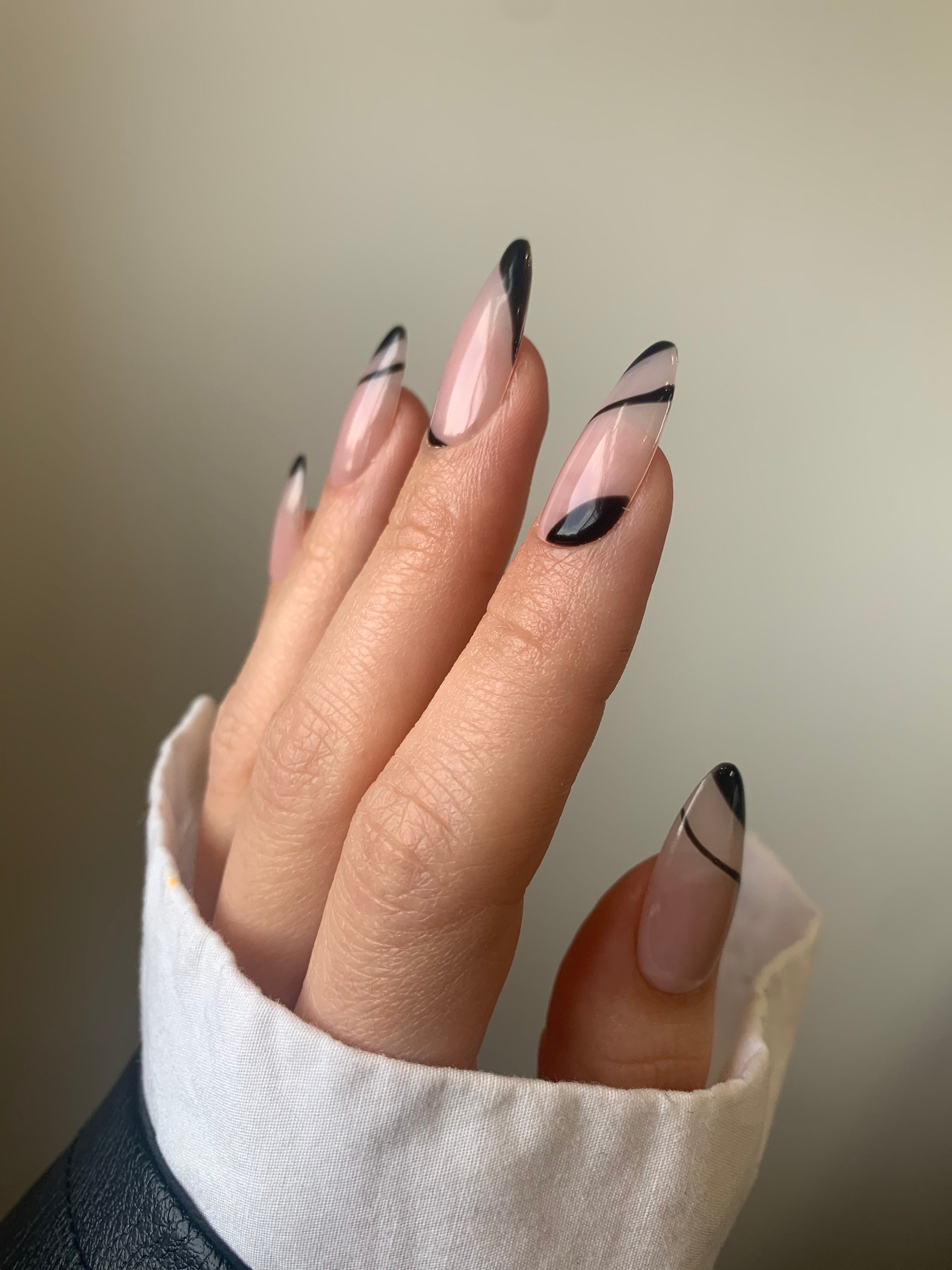 Black Abstract Swirl French Nails Salon Quality Hand Painted - Etsy