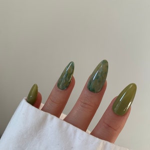 Olive Green Marble Nails | Salon Quality Hand Painted Press on Nails | Marble Design