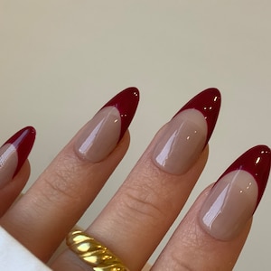 Deep Red French Detail Nails | Salon Quality Hand Painted Press on Nails