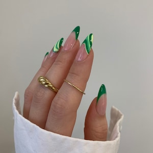 Bright Multi Green French Swirl Detail Nails | Salon Quality Hand Painted Press on Nails