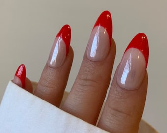 Candy Red Glazed Donut French Tip Hailey Bieber Nails | Salon Quality Hand Painted Press on Nails