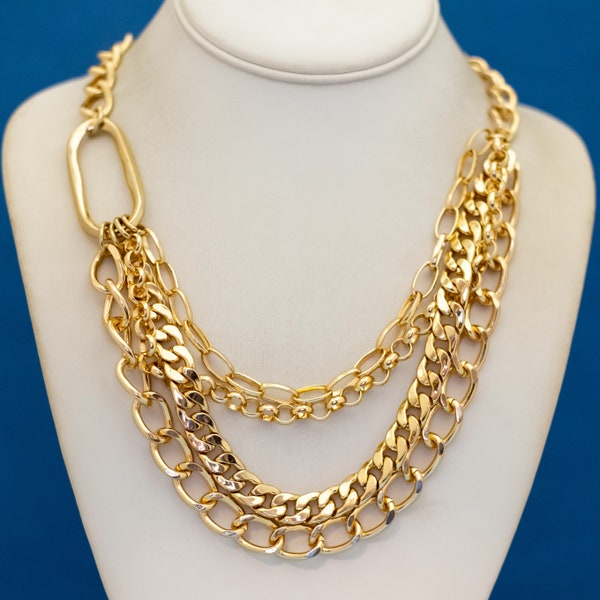 18 inch, Vintage Multiple Chain Styles Gold Tone Multistrand Necklace - N33