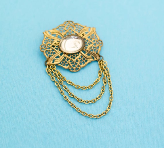 Vintage Gold Tone Unique Chained Brooch by Western Germany N2