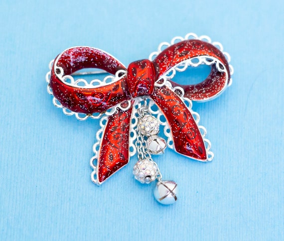 Vintage Red Ribbon Chimes Brooch - N29 - image 1