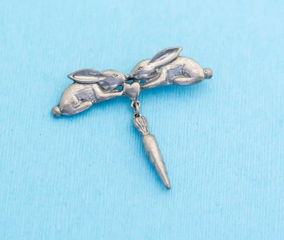 Vintage Pewter Carrot Rabbits Brooch by Clift - N5 - image 1