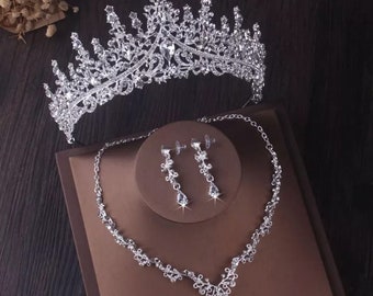 Handmade set, Silver set, Wedding, Best gift for her, Princess Crown, Royal wedding crown, Bridal tiara set, Necklace-Earrings-Crown