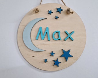 Door sign children's room blue boy name moon wall sign stars turquoise wall decoration personalized wooden desired name
