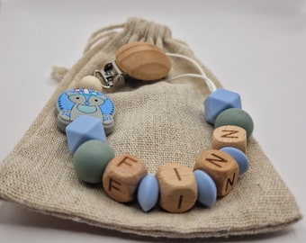Pacifier chain with name personalized light blue Gray |Blue| Baby | Birth gift | wood | Silicone |crochet beads| boy| Girl