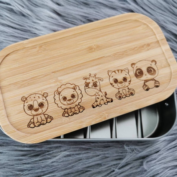 Brotdose Tiere Giraffe Panda Tiger Löwe Kinder personalisiert Gravur Bambus  Lunchbox
