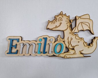 Door sign children's room name with dinosaur dino dragon wall decoration personalized boy blue door sign wood desired name
