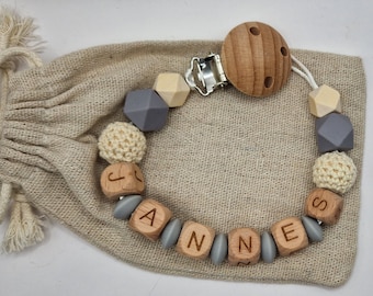 Schnullerkette mit Namen Personalisiert grau | Baby | Geschenk zur Geburt | Holz | Silikon |Häkelperlen| Junge| Mädchen