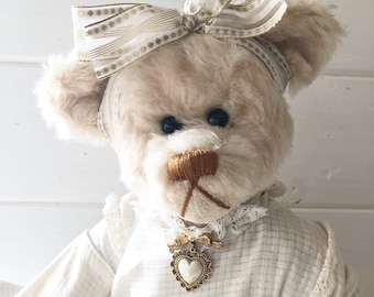 HeidiBear by Hillary Hulen, 17 inch mohair bear, dressed in vintage christening dress.