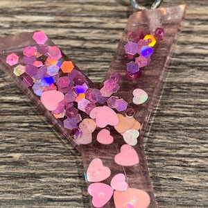 Pink heart letter Y glitter keyring