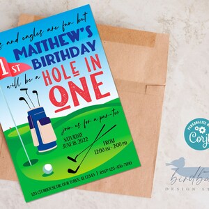 Hole in ONE - Zaproszenie na pierwsze urodziny - Golf w tematyce 1. urodziny - Natychmiastowe pobranie cyfrowe