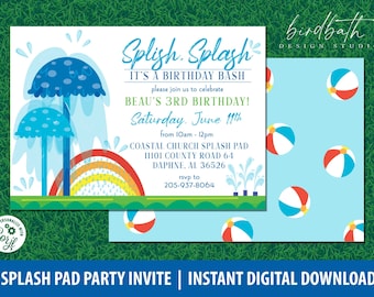 Invitación a la fiesta Splash Pad: ¡Splish, Splash, es una fiesta de cumpleaños! - Colores primarios - Pelota de playa - Invitación de verano