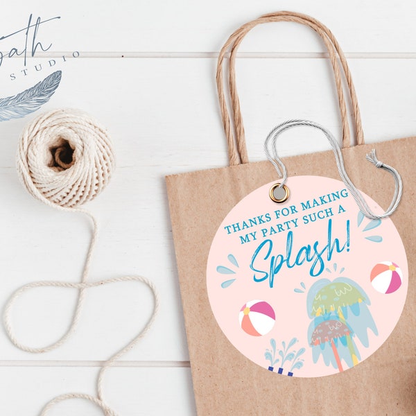 Splash Pad Party Favor Gift Tags - Splish, Splash it's a Birthday Bash! - Pastel Colors - Pink Beach Ball  - Instant Digital Download