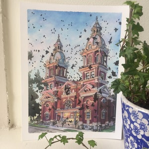 Church at Sunset with Crows Illustration Giclee Print (8.5&quot;x11&quot; including white border)