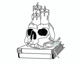 May include: A black and white line drawing of a skull with three candles on top. The skull is sitting on top of two books. The books have a pentagram symbol on the cover.