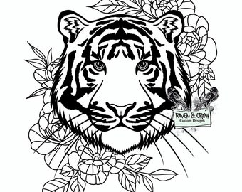 Floral Tiger Tattoo Design – Boho Clipart, SVG, PNG (Digital Download)