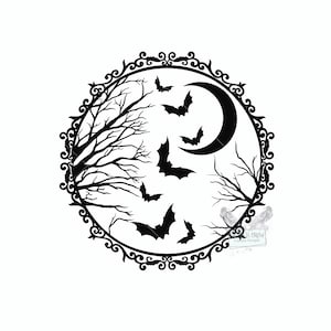 May include: Black and white silhouette of a crescent moon, bats flying around a bare tree, all inside a decorative oval frame.
