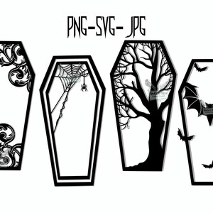 Puede incluir: Cuatro archivos de corte SVG en forma de ataúd en blanco y negro. Los diseños incluyen una telaraña con una araña, un árbol desnudo, un diseño floral y murciélagos.
