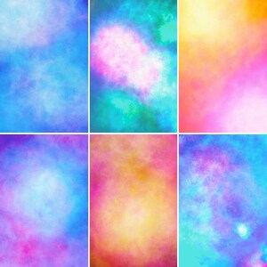 May include: Six abstract watercolour backgrounds in various shades of blue, pink, yellow, and purple. The backgrounds are soft and dreamy, with a subtle texture.