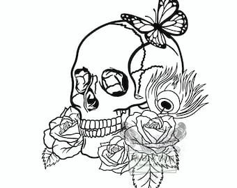 Skull with roses-Instant Download- svg-png-jpg files included- graphic design- sublimation-instant download-clip art-butterfly-Halloween