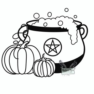 May include: A black and white illustration of a cauldron with a pentagram on the side, bubbling with a potion. Two pumpkins are on either side of the cauldron.