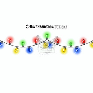 May include: A string of colorful Christmas lights with red, green, yellow, and blue bulbs. The lights are strung in a curved line and are lit up. The text "RAVENANDCROW DESIGNS" is at the top of the image.