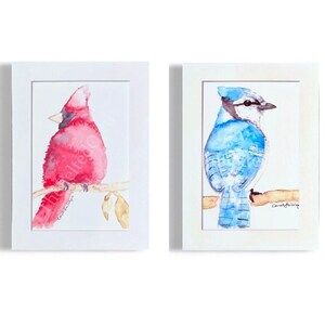 Cardinal and Blue Jay Original Watercolor Print: Matted Backyard Bird Art