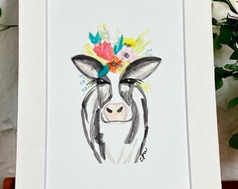Watercolor Cow Original Art Print: Boho Floral Nursery Decor, Bathroom Artwork