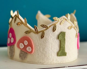 1st Birthday Crown | Mushroom Crown | Garden Party | Pink Mushroom Party Hat | Handmade Crown | Felt Mushroom | Bohemian Birthday