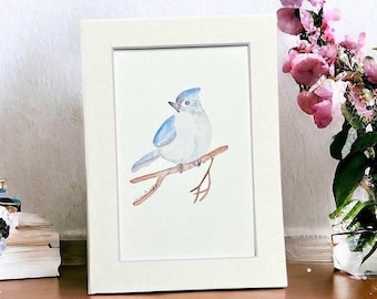 Tufted Titmouse Original Watercolor Print: Matted Blue Bird Wall Art