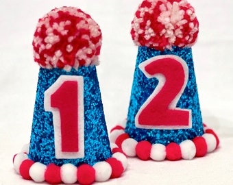 Twin First Birthday Party Hats: Handmade Glitter Blue & Red Decor