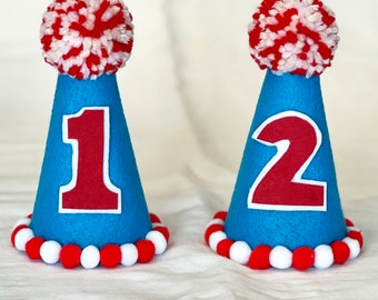 Twin 1 and 2 First Birthday Party Hats, Red and Blue