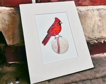 St Louis Cardinal Original Art Print: Bird on Baseball, Matted Watercolor
