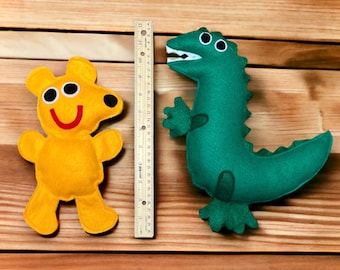 Handmade Felt Stuffed Animal: Floppy Teddy Bear and Green Mr Dinosaur