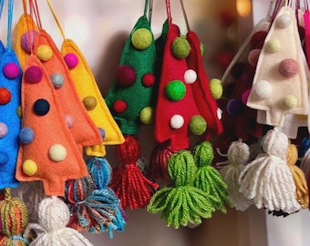 Felt Pom Pom Christmas Tree Ornament, Handmade Kitsch Holiday Decor